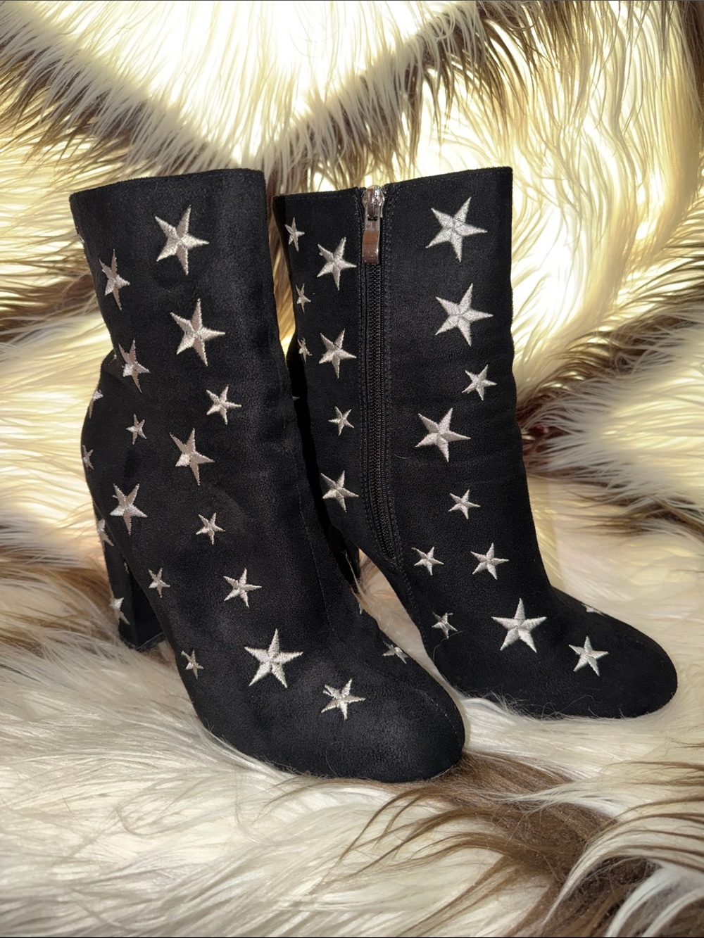 Stardust ‘em O’s -Charlotte Russe Black Ankle Boots with Silver Star Embroidery
